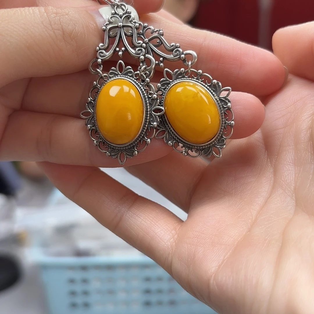 琥珀裸石银S925镶嵌6耳坠