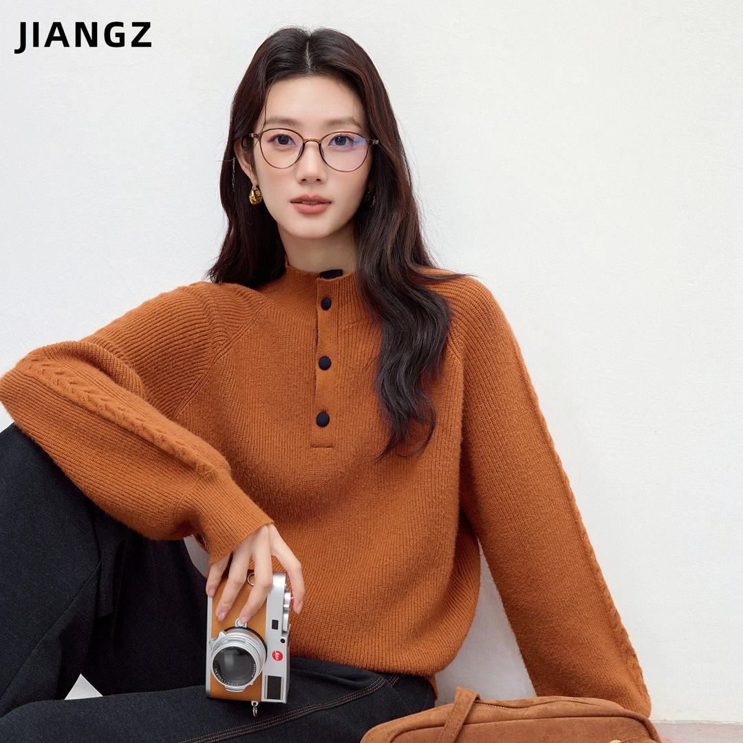江洲【温暖】加厚冬季新款通勤风撞色纽扣半开襟高领保暖羊毛套头衫