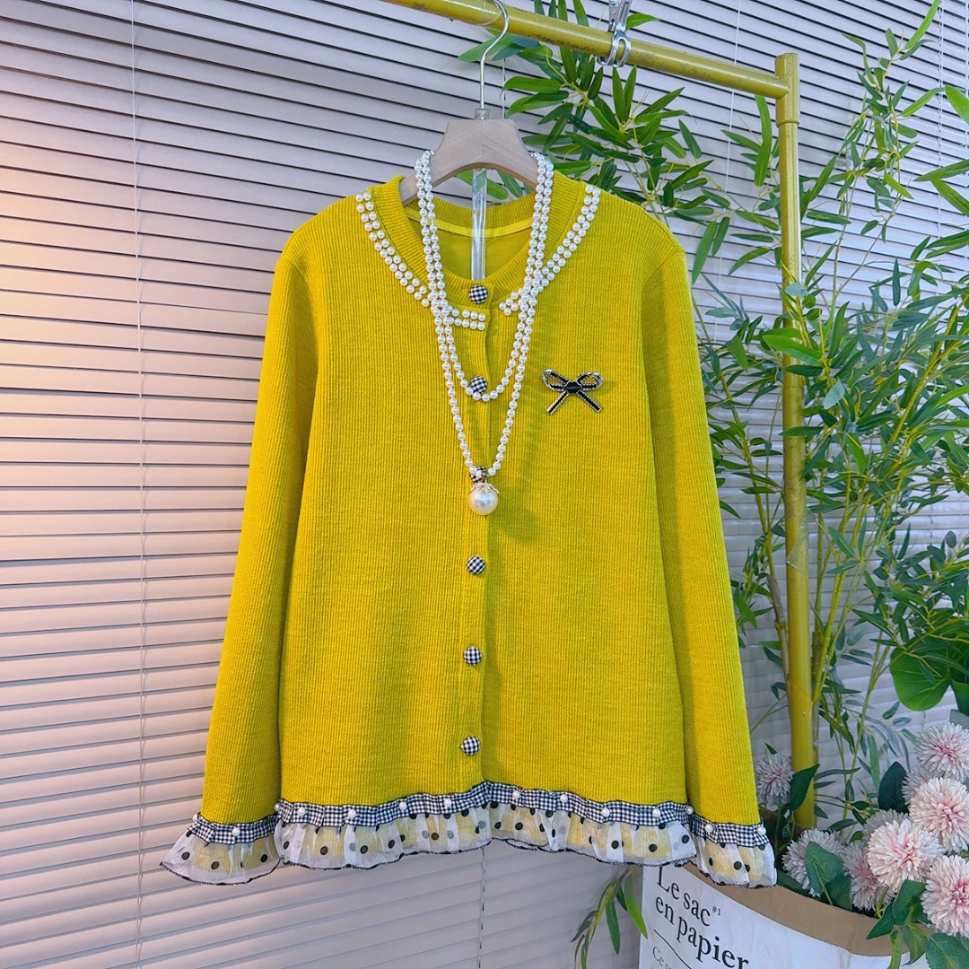 751胖mm欧货时尚甜美减龄设计感圆领订珠荷叶边设计感针织开衫