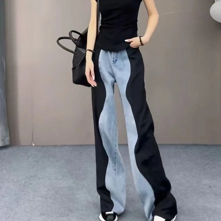 撞色拼接牛仔阔腿裤K23287