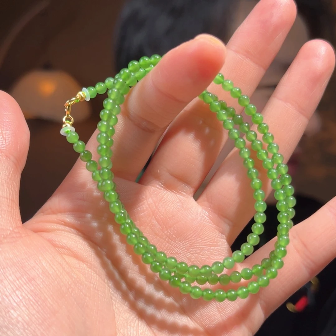 颈饰银S925镶嵌和田玉碧玉辣阳绿3.5mm550