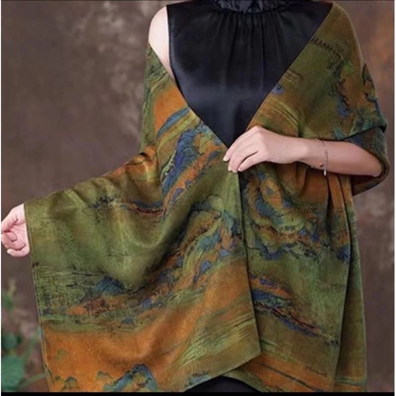 1334 千里江山140*140气质民族风女春夏成人丝巾中国风提花围巾