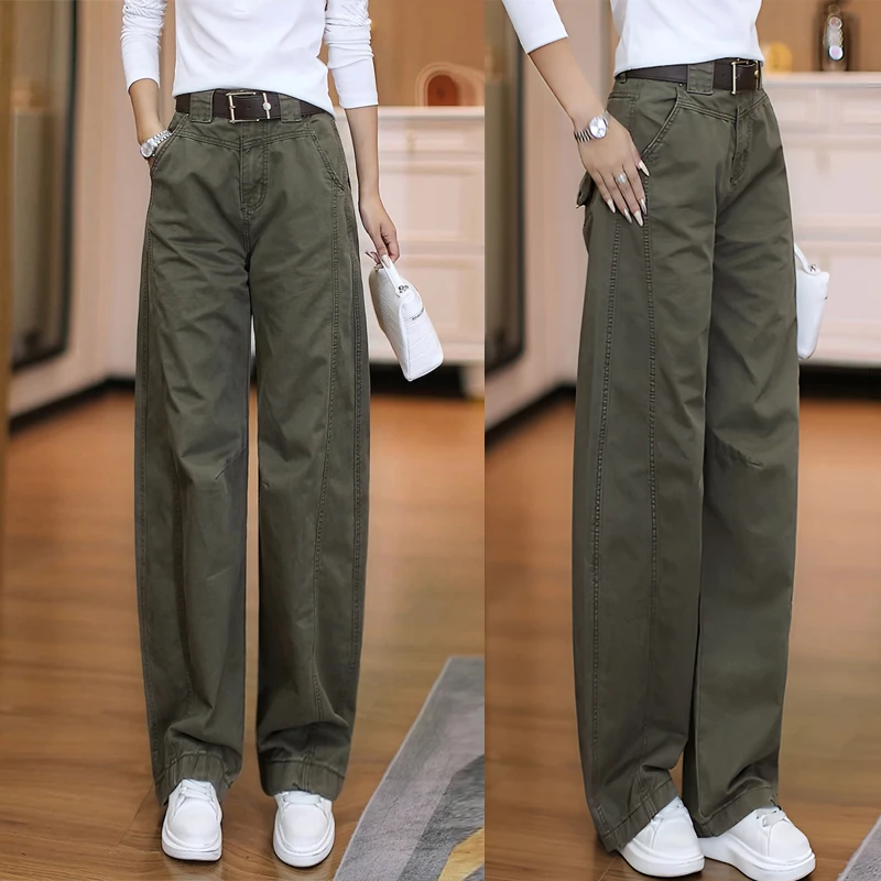 秋季复古军绿色工装裤女休闲裤子2025春秋季新款松弛感直筒弯刀裤