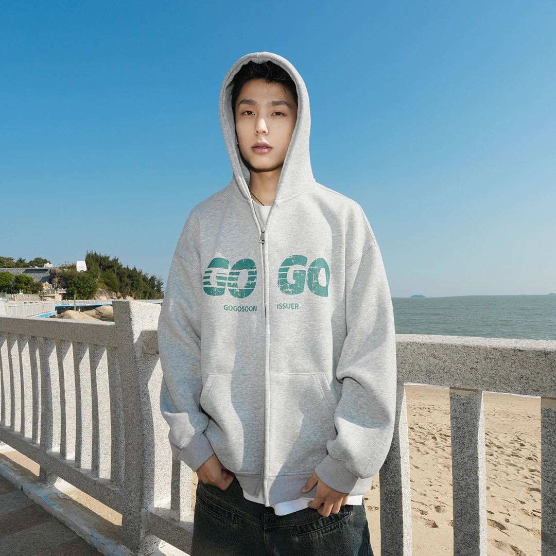 GOGOSOON男生黑色花灰色双头拉链连帽开衫卫衣400g春秋新款青少年