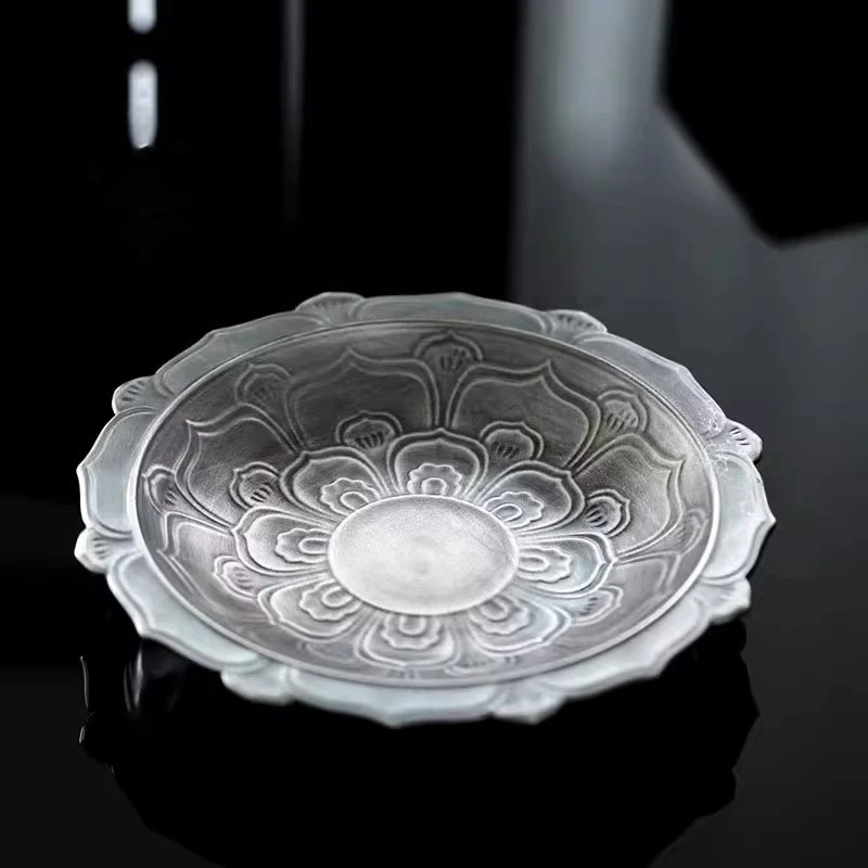 999银鎏银泽芝纹花瓣壶承干泡台功夫茶具复古陶瓷干泡养壶盘礼盒