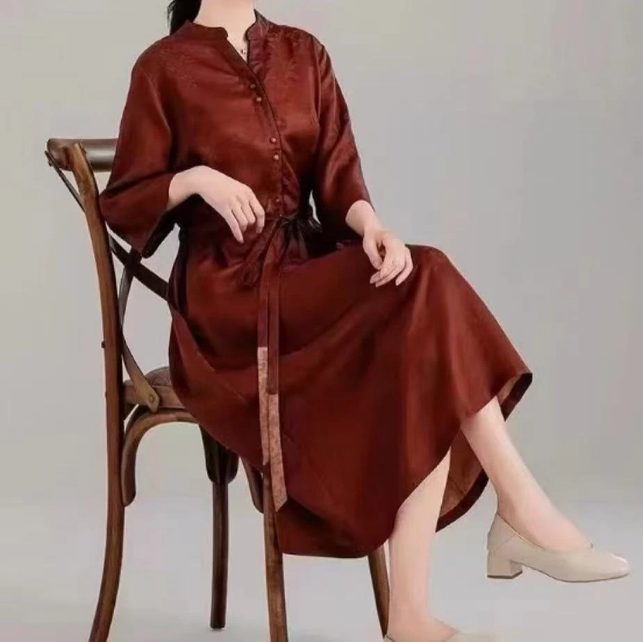 馥郁红 红云纱桑蚕丝中袖连衣裙