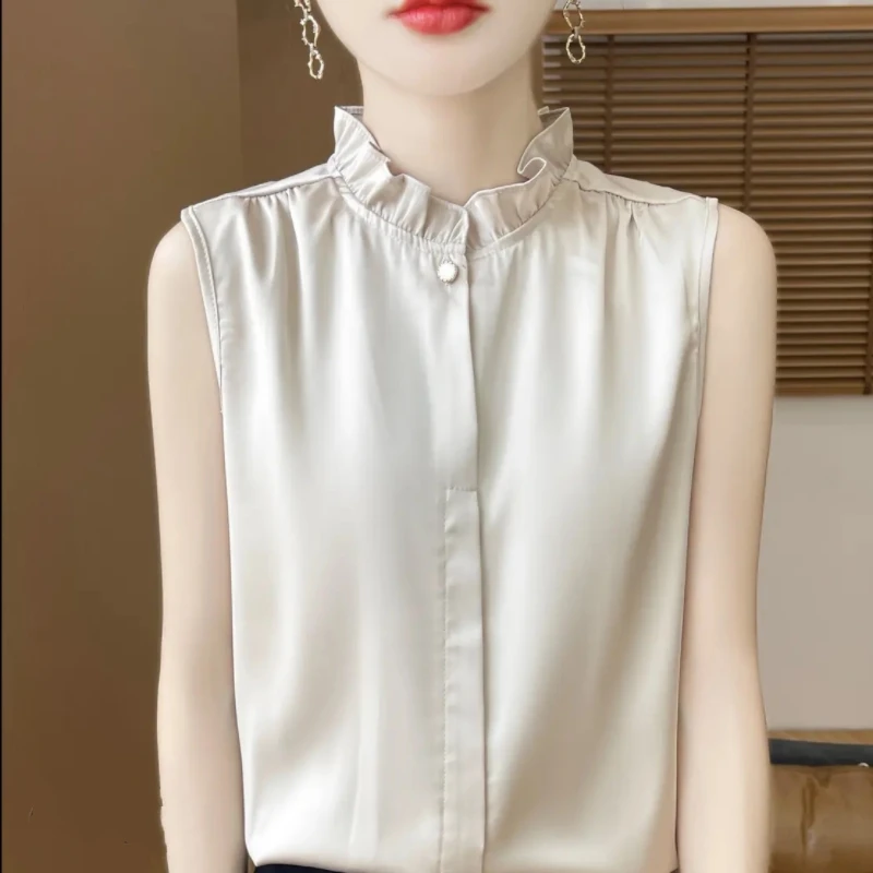 中式醋酸缎面无袖衬衫女内搭衬衣背心打底开衫国风木耳领上衣