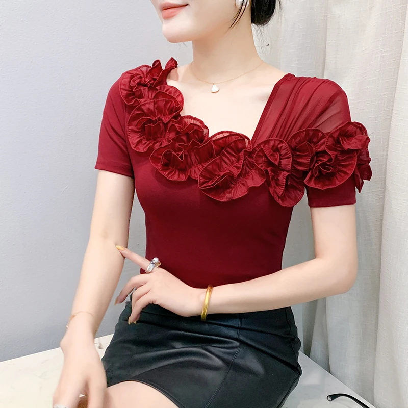 2025年夏季新款时尚木耳边百搭网纱露肩修身显瘦短袖t恤小衫女装