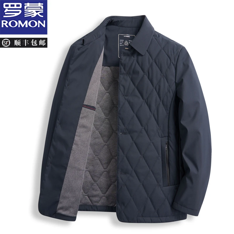 罗蒙2025年男士高档翻领防寒棉服秋冬季中年商务格纹爸爸装外套潮