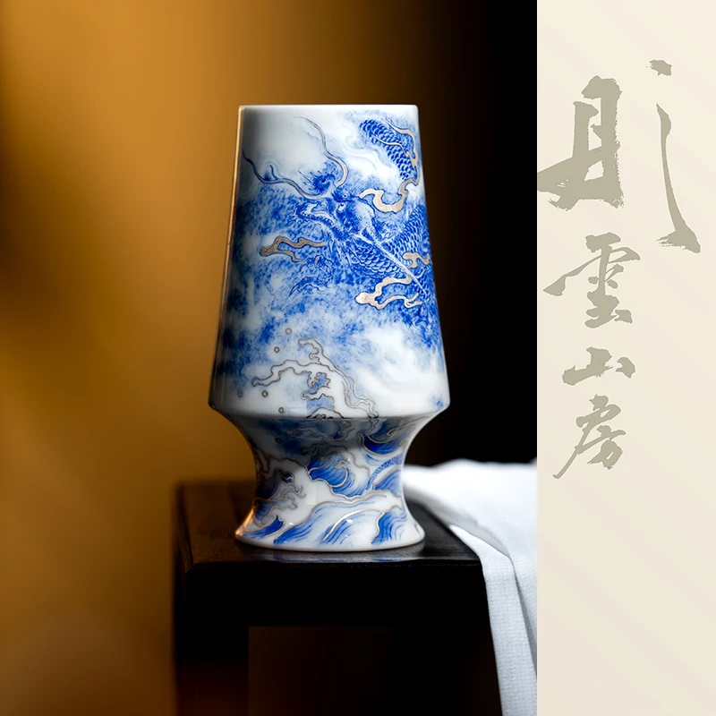 熊友根窑青花描银海浪龙纹马蹄盏陶瓷高脚杯景德镇手工手绘茶具