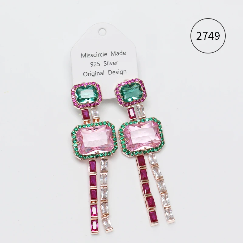 Misscircle Made 铜合金合成锆石耳饰 粉绿色方锆流苏耳环女2749