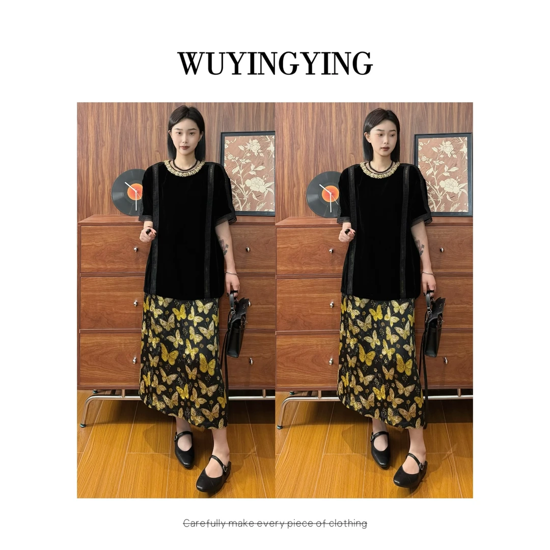 WUYINGYING【晚香玉】欧货亮片拼接丝绒上衣+半身裙套装YZHT250608