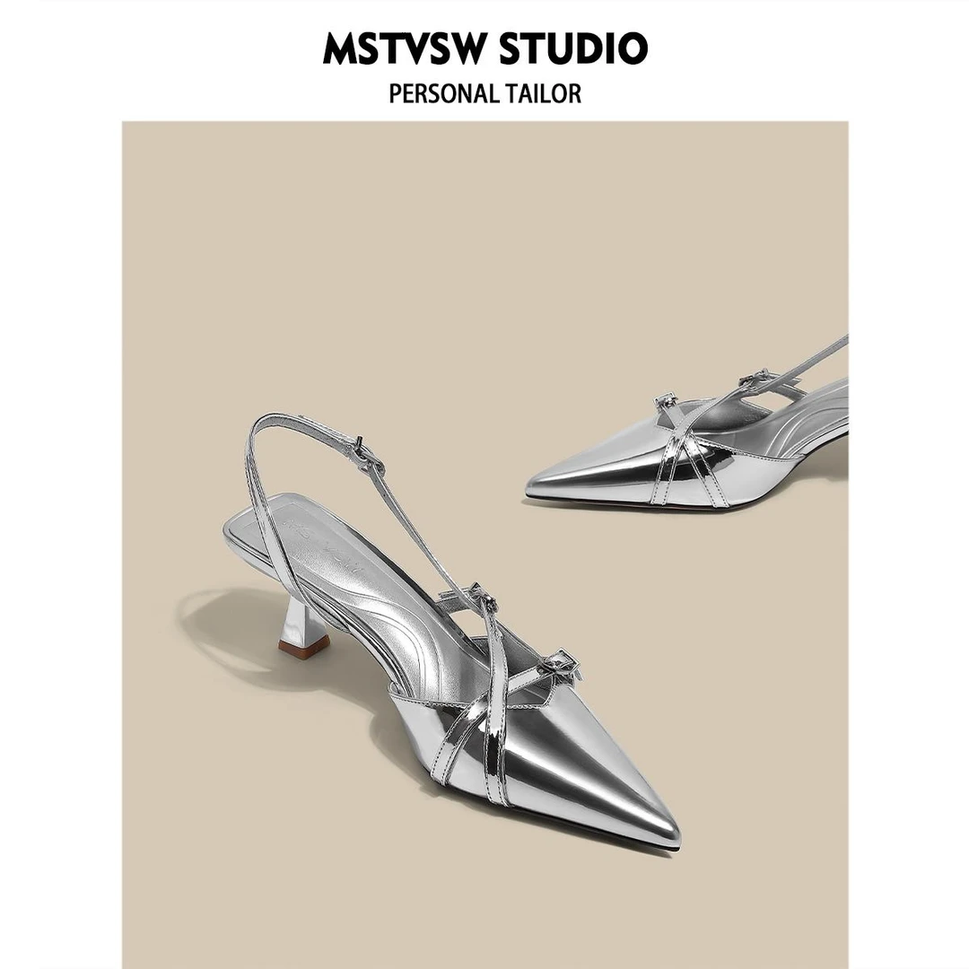 【韩国JTG&Shoes官方正品】潮流 法式银色气质包头凉鞋女交叉带粗跟