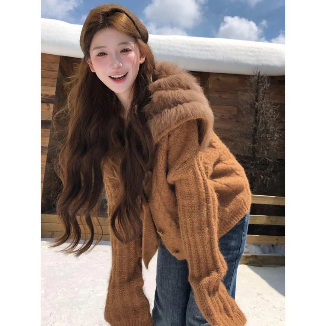 美拉德穿搭大翻毛领毛衣外套女秋冬季加厚保暖慵懒风针织开衫上衣