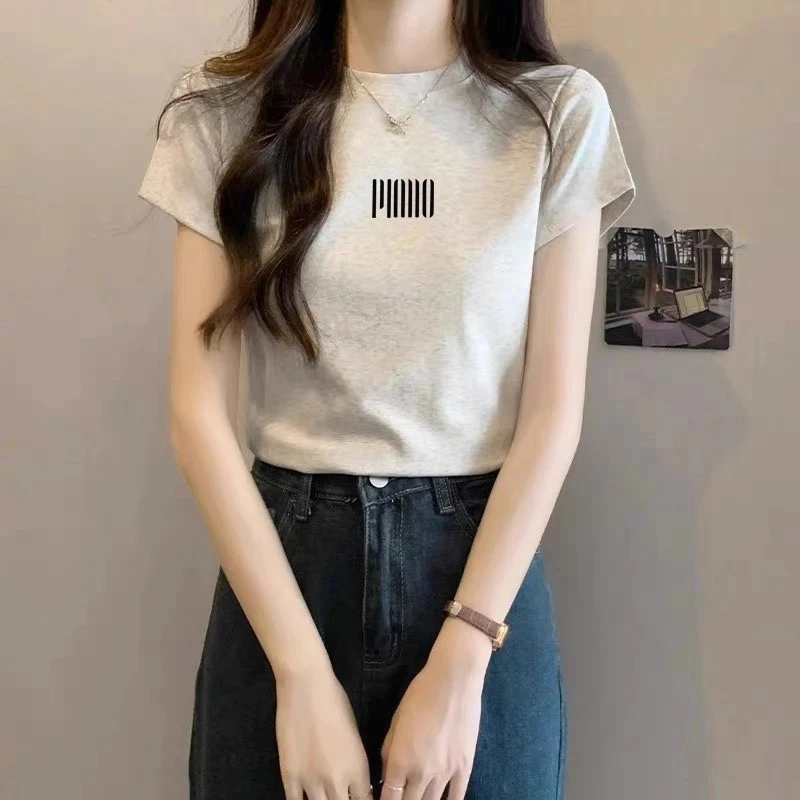 欧货浅花灰色正肩圆领短袖t恤女款夏季2025新款设计感小众上衣
