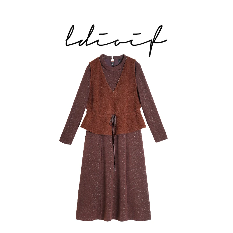 波普艺术提花织绒两件套/亮丝针织 翻领系带秋冬连衣裙#DTZ18911