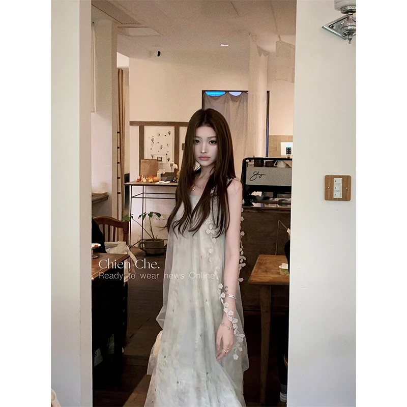 车迟恩Chien“爱神信筏"定色定染+手工花飘带 雪纺渡假网纱连衣裙