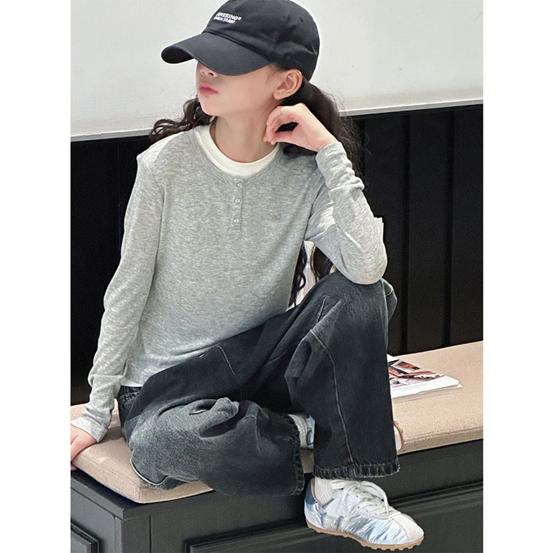 K29445孙小美假两件女童T恤秋装新款儿童上衣打底衫春秋衣服