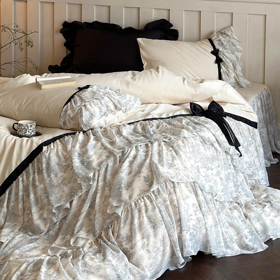 法式浪漫小众磨毛四件套长绒洛丽塔重工床品轻奢简约双面真丝纯色