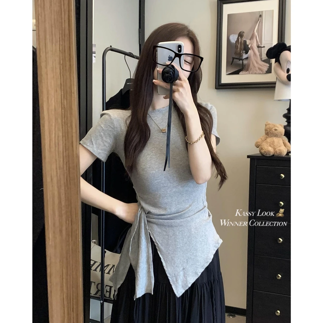 夏季纯欲小众开叉不规则绑带短袖t恤辣妹紧身显瘦修身正肩上衣女