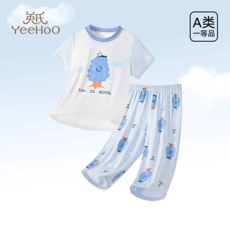 英氏莫代尔儿童睡衣男童女童夏季短袖短裤薄款空调服2025新款套装