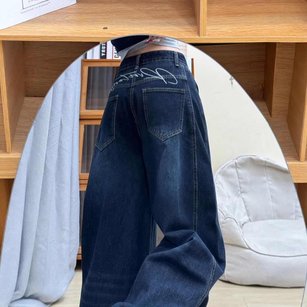 美式慵懒风蓝灰色牛仔裤女秋冬新款胖mm梨型身材宽松显瘦阔腿裤子