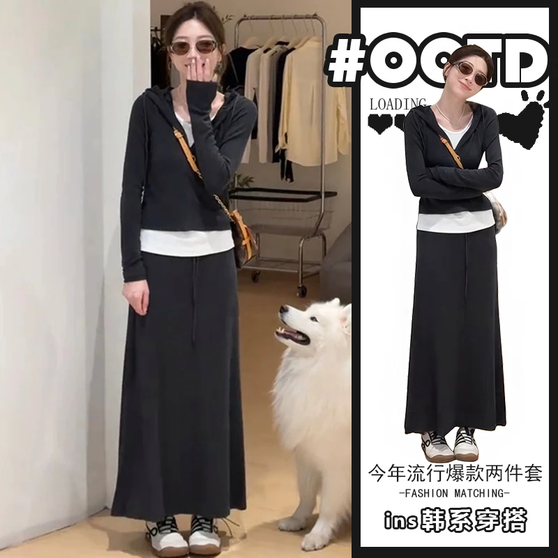 春秋减龄穿搭一整套女时尚洋气休闲运动连帽上衣显瘦半身裙两件套