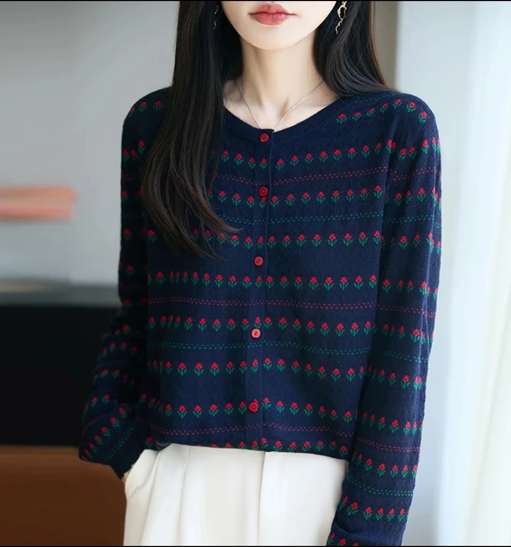 【欧洲站】花朵条纹藏青柔软针织衫