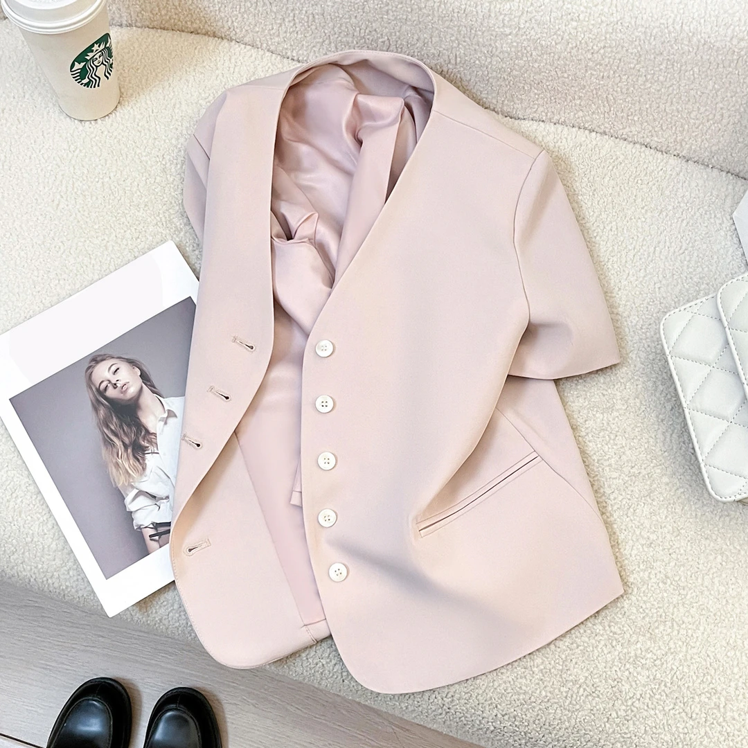 0新款淡粉色小香风短袖西装短外套法式气质优雅高级西服百搭短款