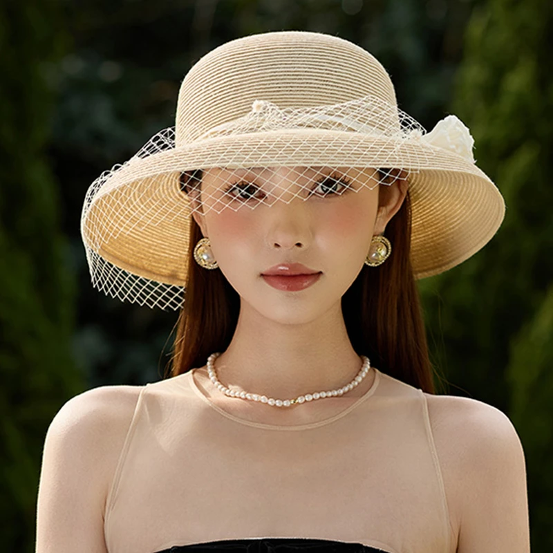 优雅出游草编遮阳帽草女网纱花朵时尚防晒渔夫帽春夏度假逛街百搭