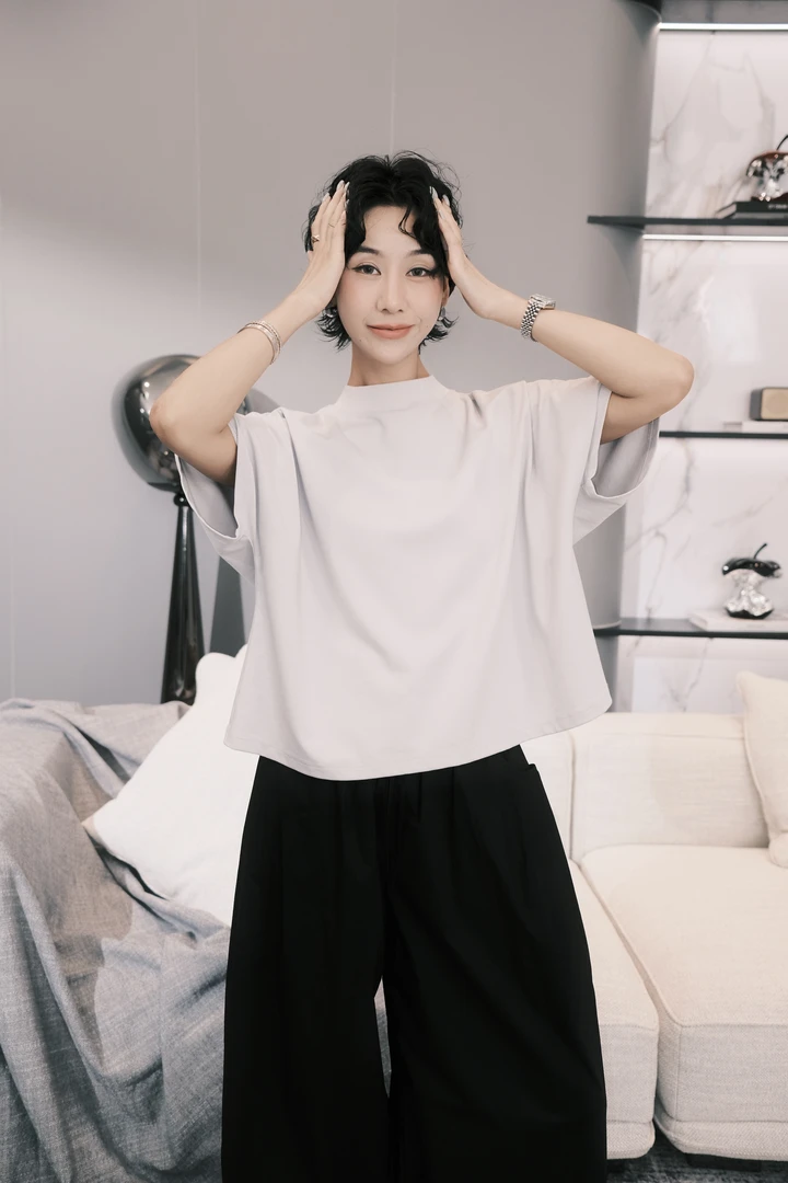 TT设计师【陨星闪烁】日系慵懒风高级感小立领宽袖T恤TT190620