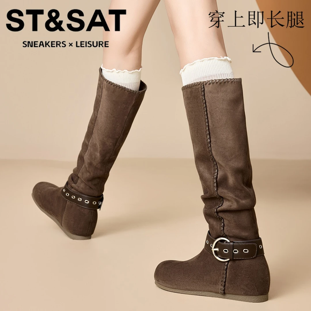 星期六复古纯色长筒骑士靴女2025新款套筒显腿长瘦瘦靴舒适时装靴