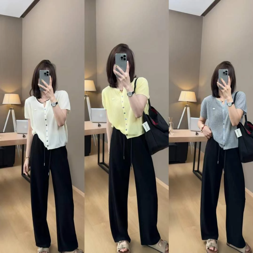 TY5 【拼色剪刀领】韩系简约凉感冰丝显瘦拼色剪刀领开衫（衣长53）