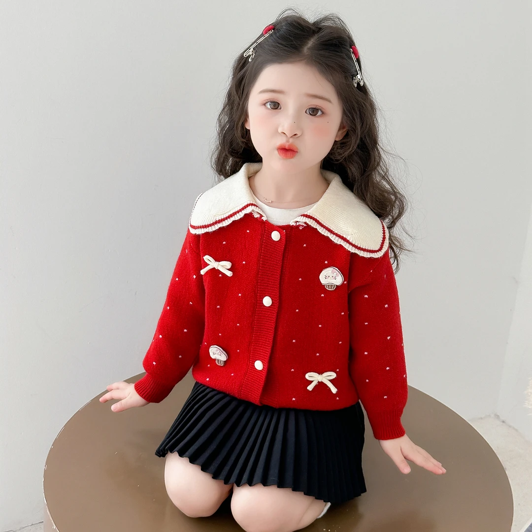 女童娃娃领毛衣秋季2025新款儿童针织开衫外套甜美宝宝春秋上衣潮