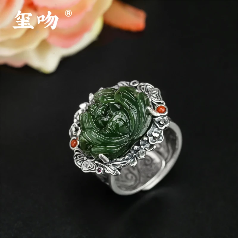 【玺吻】足银 天然和田玉老坑碧玉牡丹花戒指（活口戒）