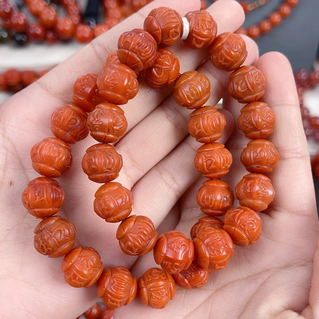 南红玛瑙未镶嵌保山哑光满肉六字箴言手串12（多样式发其一）