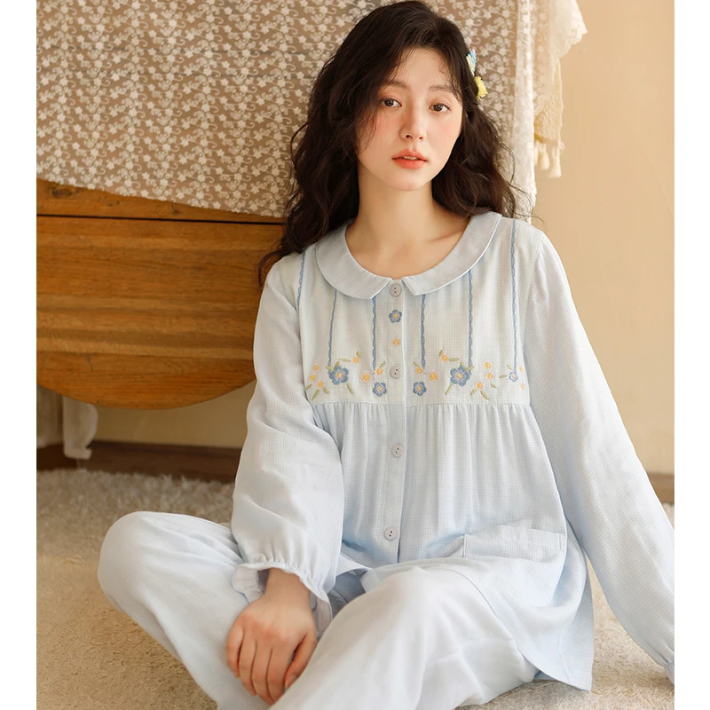 【樱花】春夏纯棉女睡衣精致刺绣宽松双层棉纱套装甜美长袖长裤家居