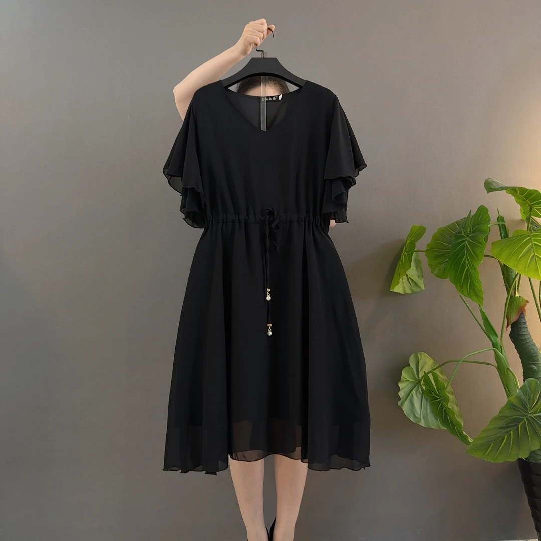 夏季V领极简风A字裙宽松腰连衣裙大码连衣裙