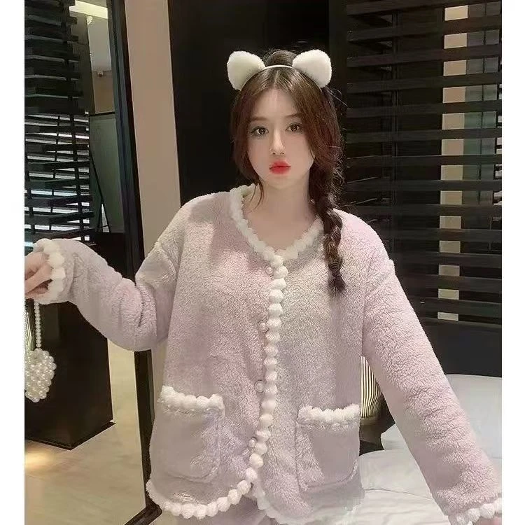 Z睡衣冬季开衫珊瑚绒加厚法兰绒小香风加绒高级套装甜美家居服