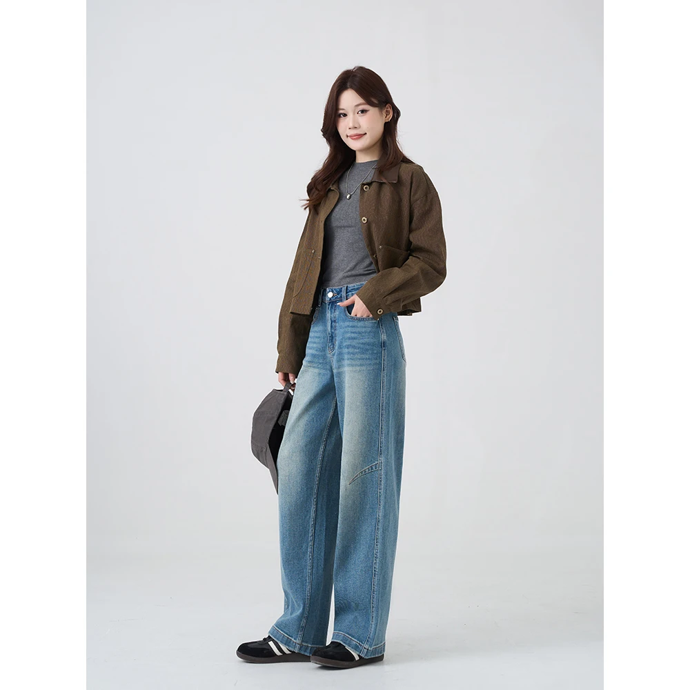 missrococo/洛可可小姐2025春季新款蓝色中高腰时尚阔腿牛仔裤女