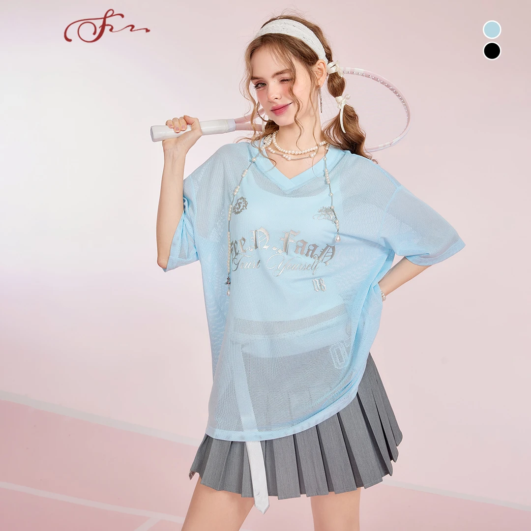 SEENFAAN盛放2025年夏季新款透气网纱宽松短袖T恤女休闲美式印花