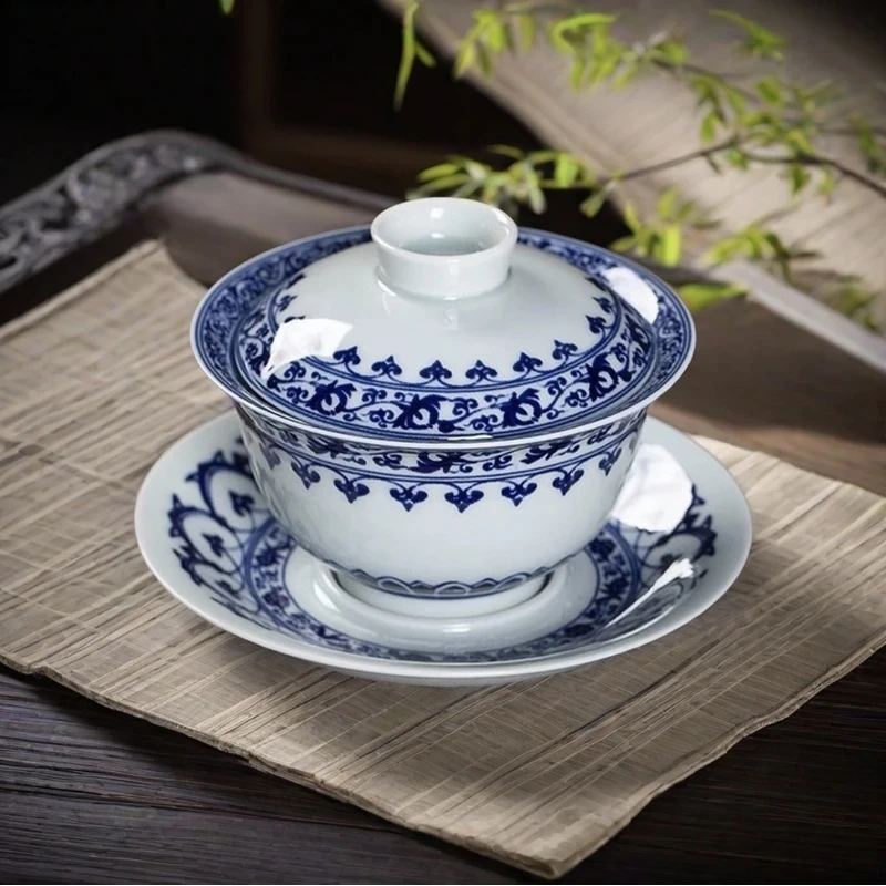 宝相花套装高档家用复古功夫茶具陶瓷釉下彩中式轻奢盖碗茶具