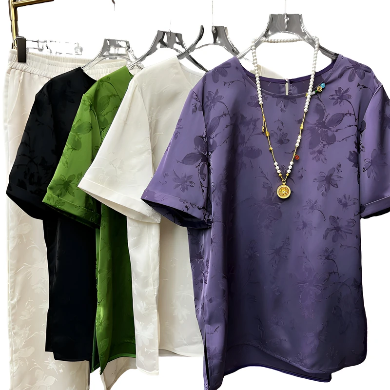 【花语】国风新中式透气常规款女款短袖修身型圆领上衣半袖款