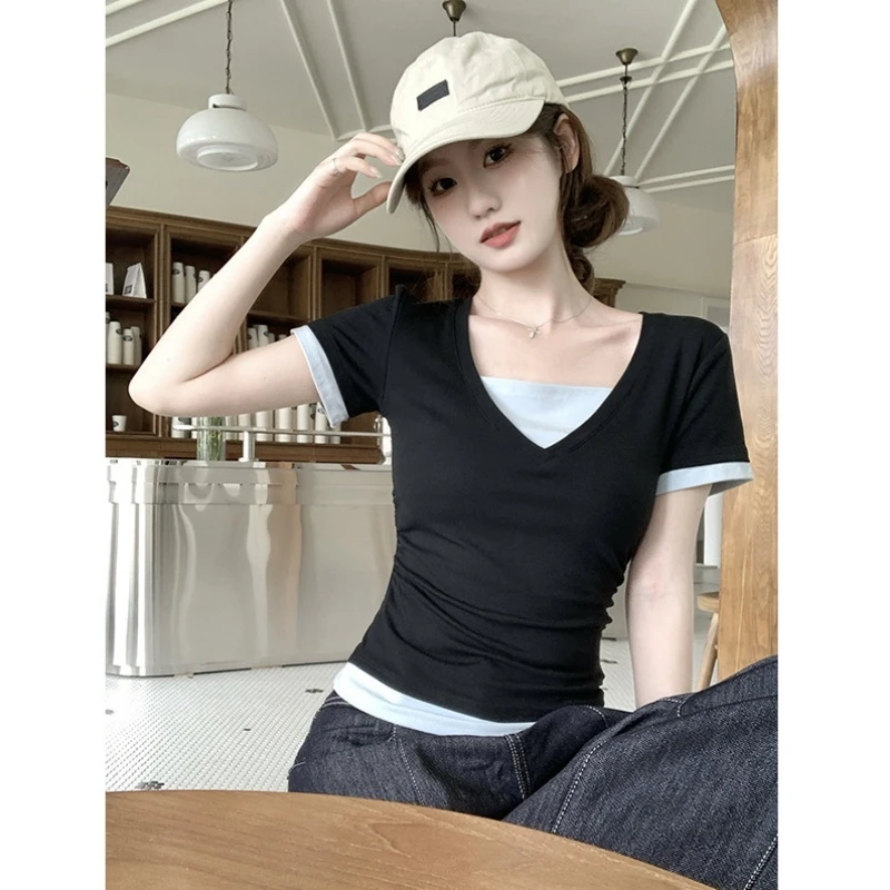 假两件v领短袖t恤女2025新款正肩韩系打底衫显瘦收腰修身夏季上衣