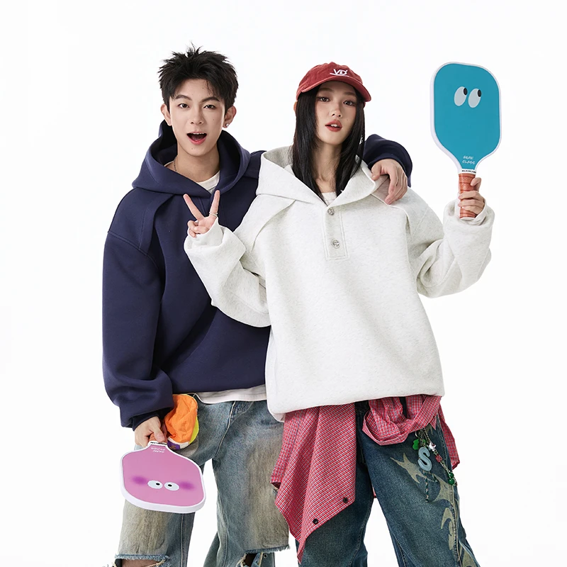 美式重磅纽扣连帽卫衣男女秋潮牌纯色解构情侣外套青少年宽松帽衫