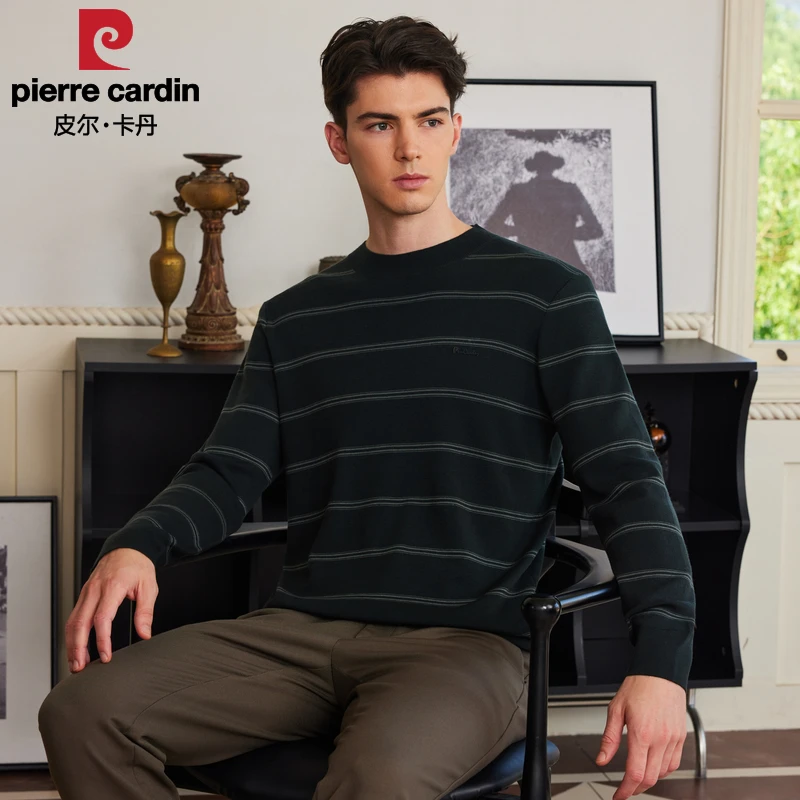 皮尔卡丹男士羊毛衫长袖休闲时尚条纹保暖圆领秋冬舒适百搭简约