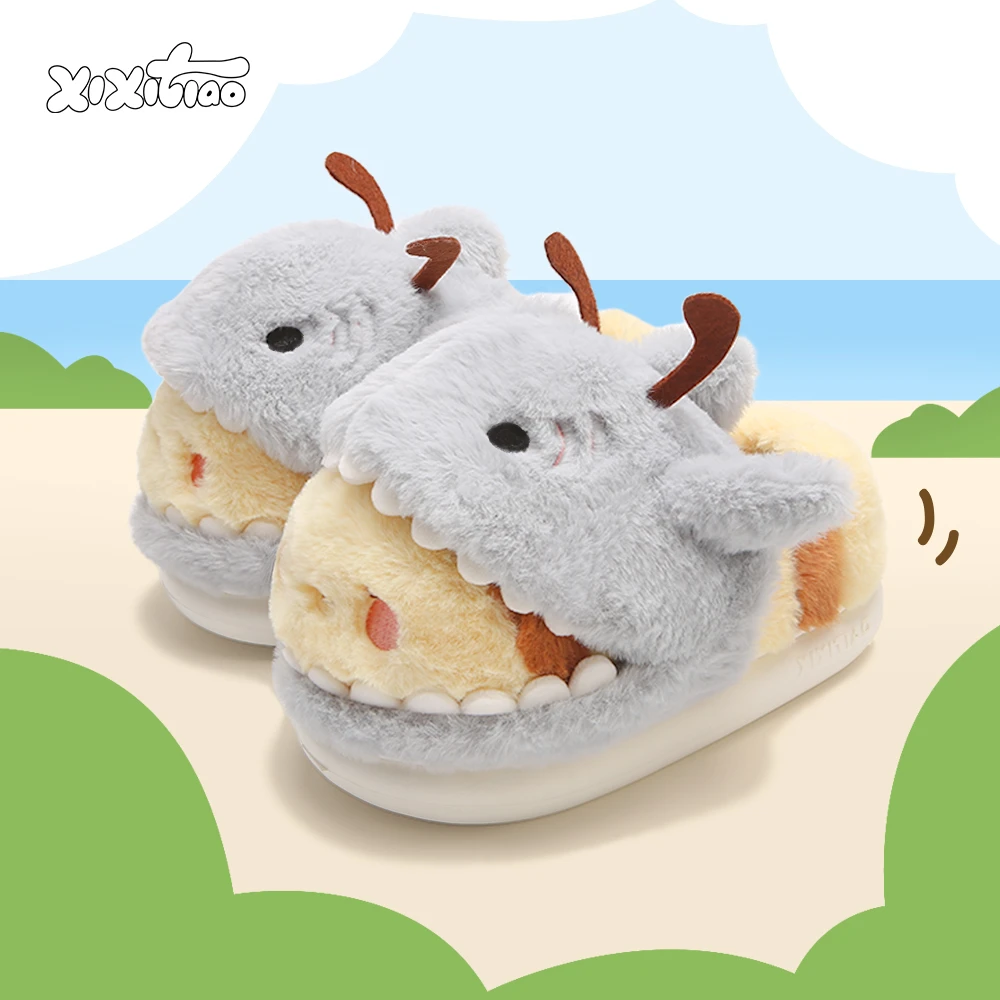 细细条 冬季居家情侣鲨bee包跟毛毛鞋防滑可爱鲨鱼蜜蜂棉拖鞋男女