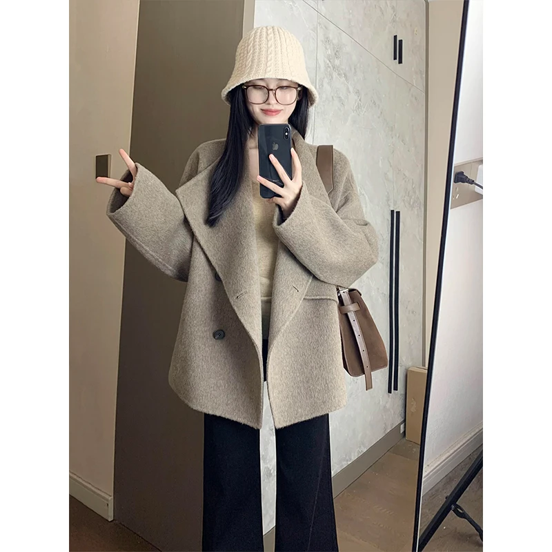 高级感双面呢子大衣女2025冬季加厚小个子韩系翻领毛呢短外套