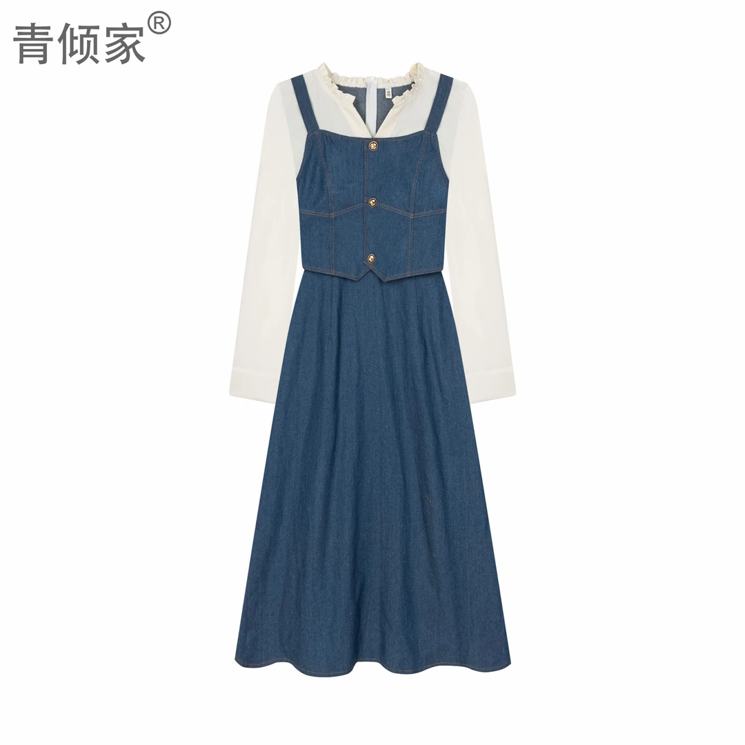 青倾家【海港日出】春季蓝色拼接牛仔假两件时尚吊带收腰显瘦长裙子