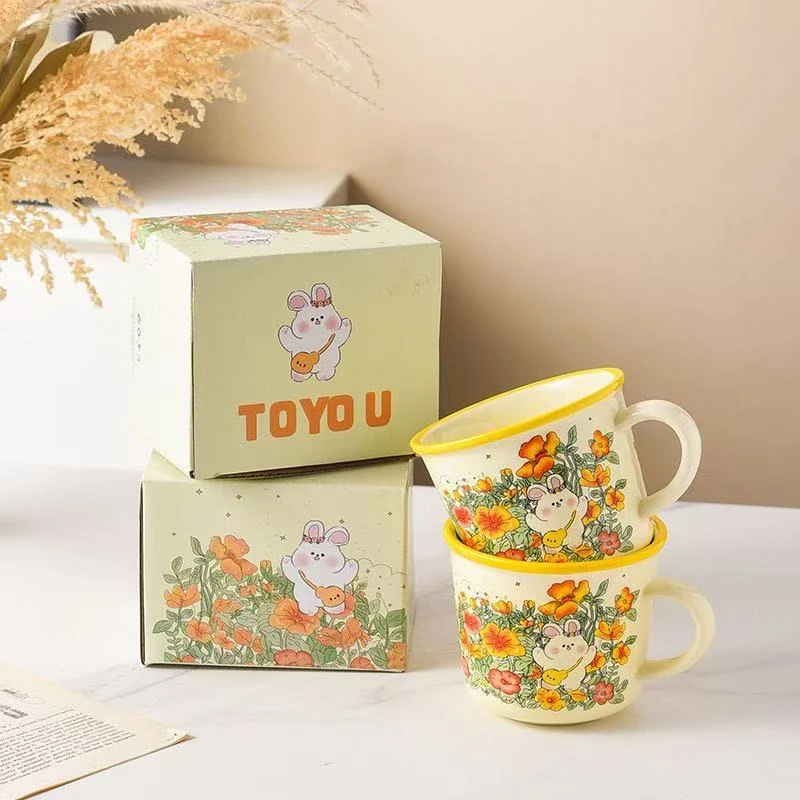 花中兔可爱陶瓷马克杯家用水杯情侣杯子女生创意早餐杯